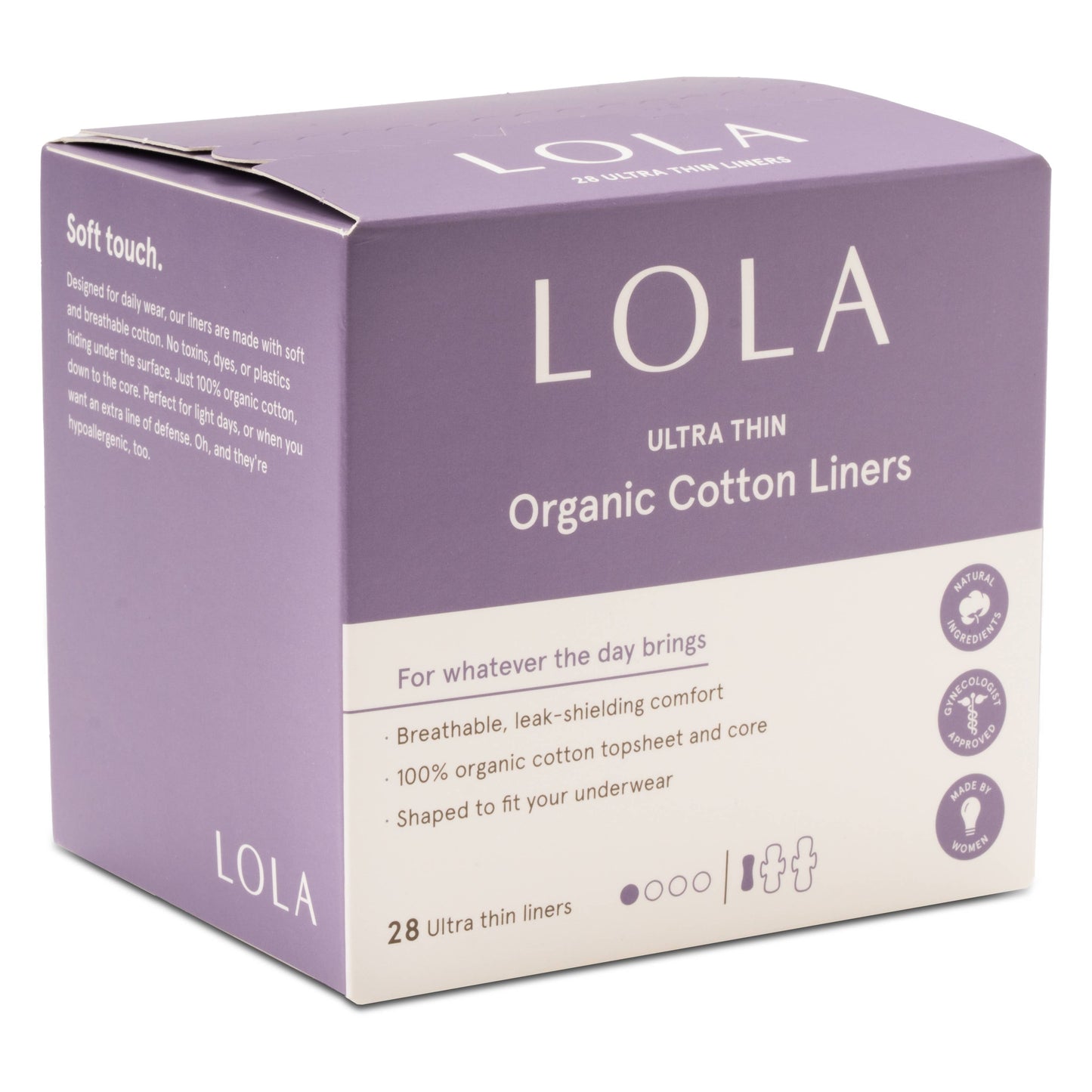 Box of LOLA ultra thin organic cotton liners on a white background