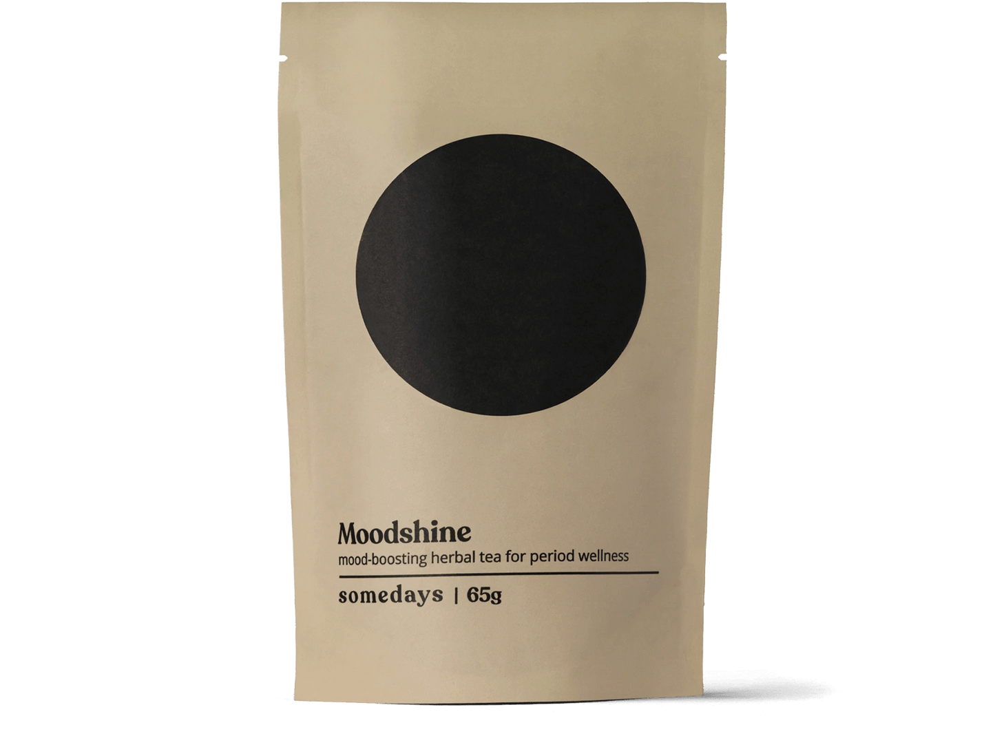 Kraft paper packaging of Moodshine herbal tea for period wellness on a white background