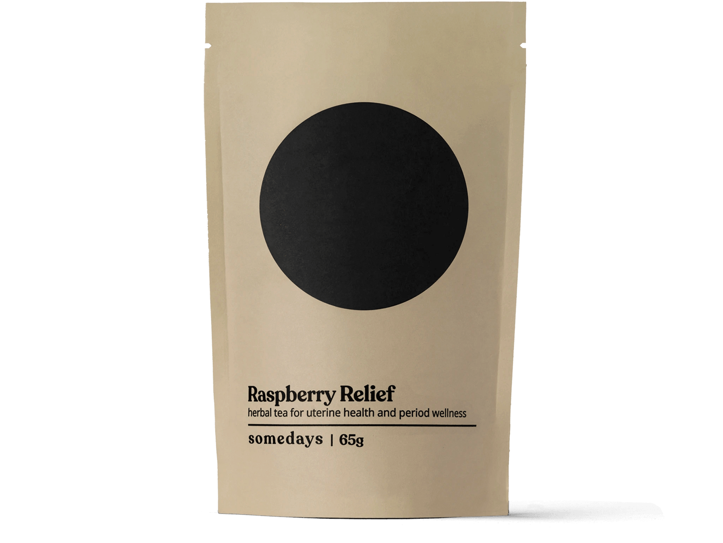 Beige package of Raspberry Relief herbal tea with a black circle on a white background