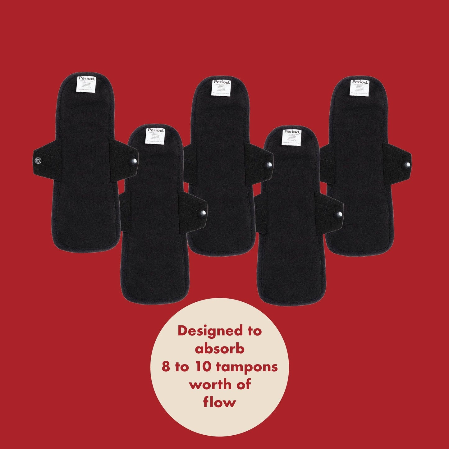 Five black reusable menstrual pads on a red background with text about absorbency.