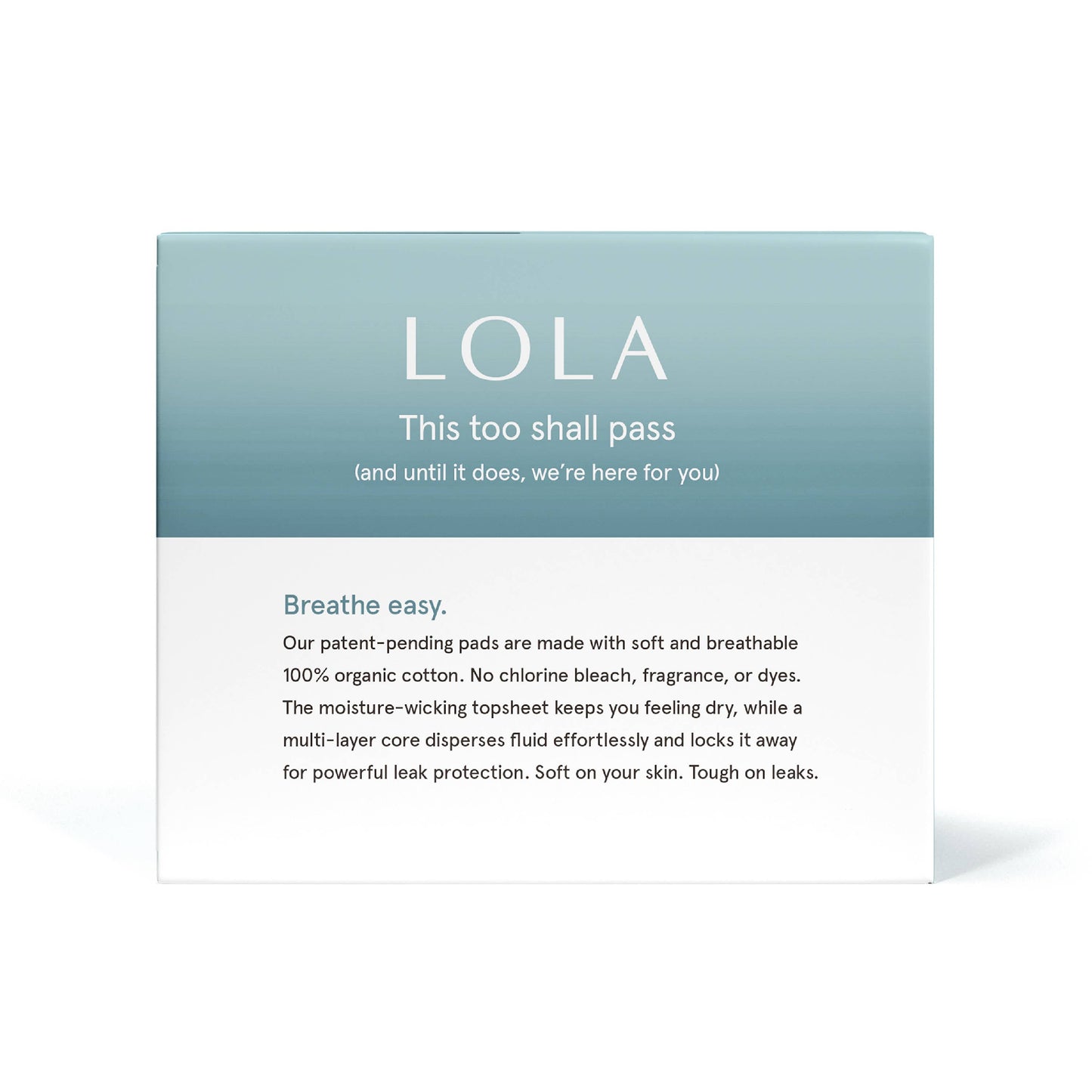 Product packaging with 'LOLA' pads branding and text about product features on a white background