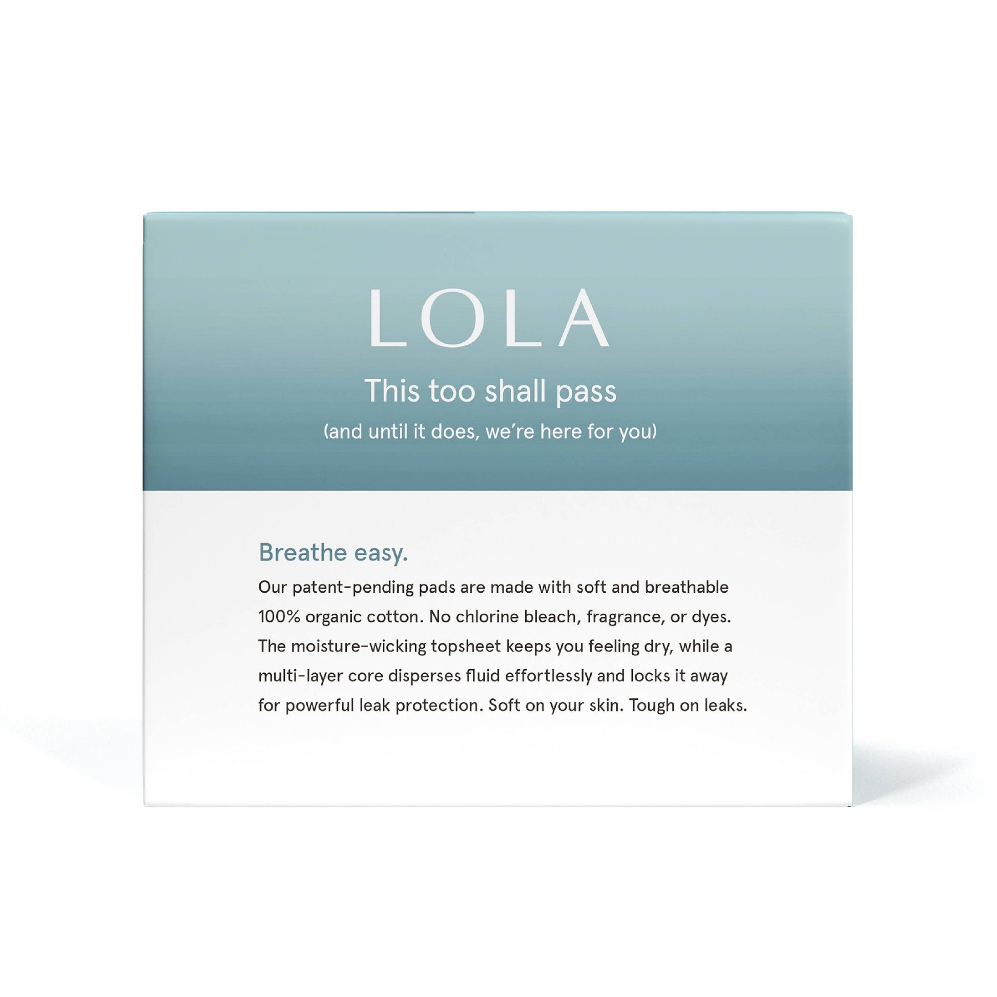 Product packaging with 'LOLA' pads branding and text about product features on a white background