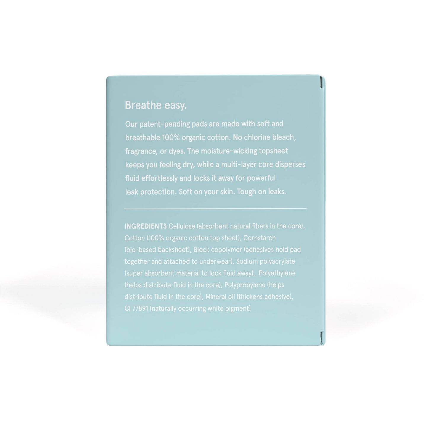 Product packaging with text on a light blue background