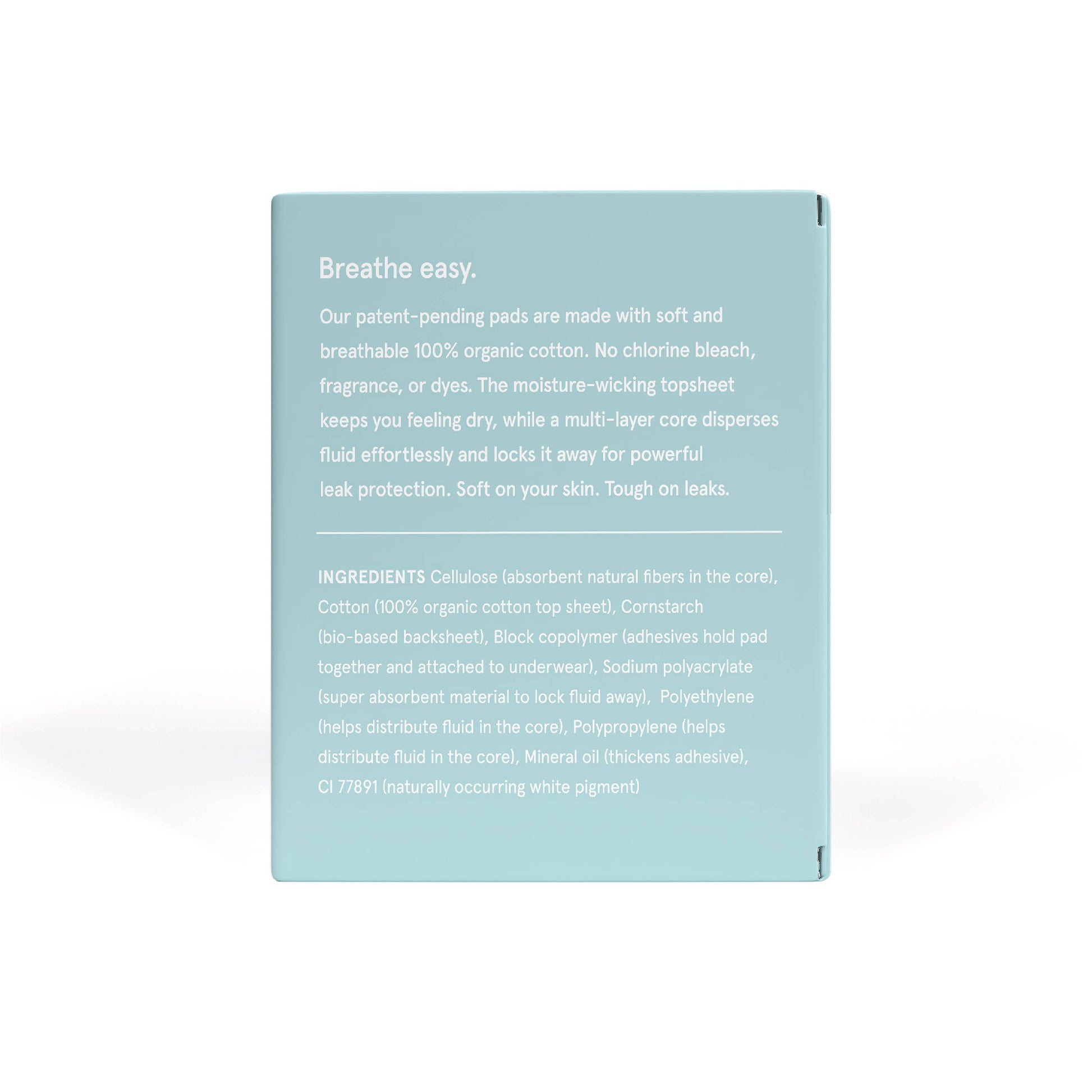 Product packaging with text on a light blue background
