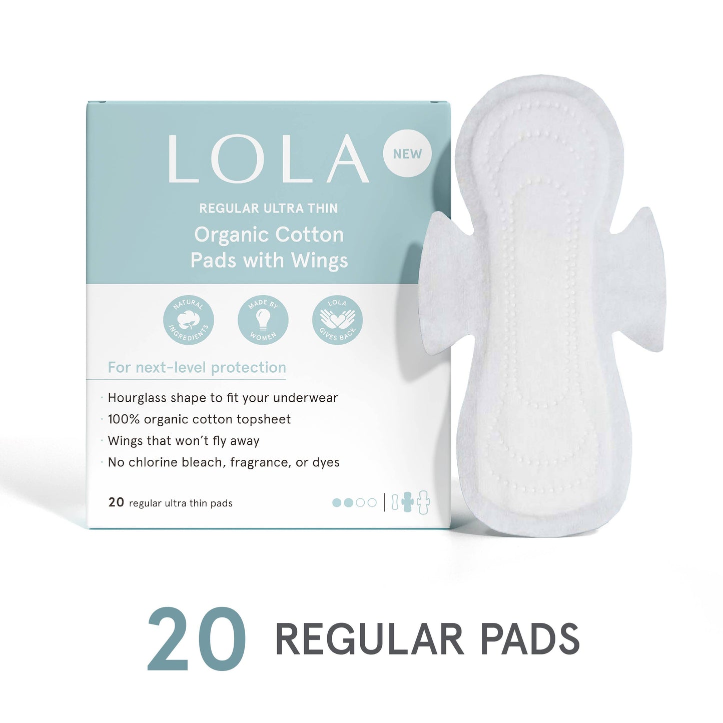 LOLA organic cotton pads with wings packaging on a white background