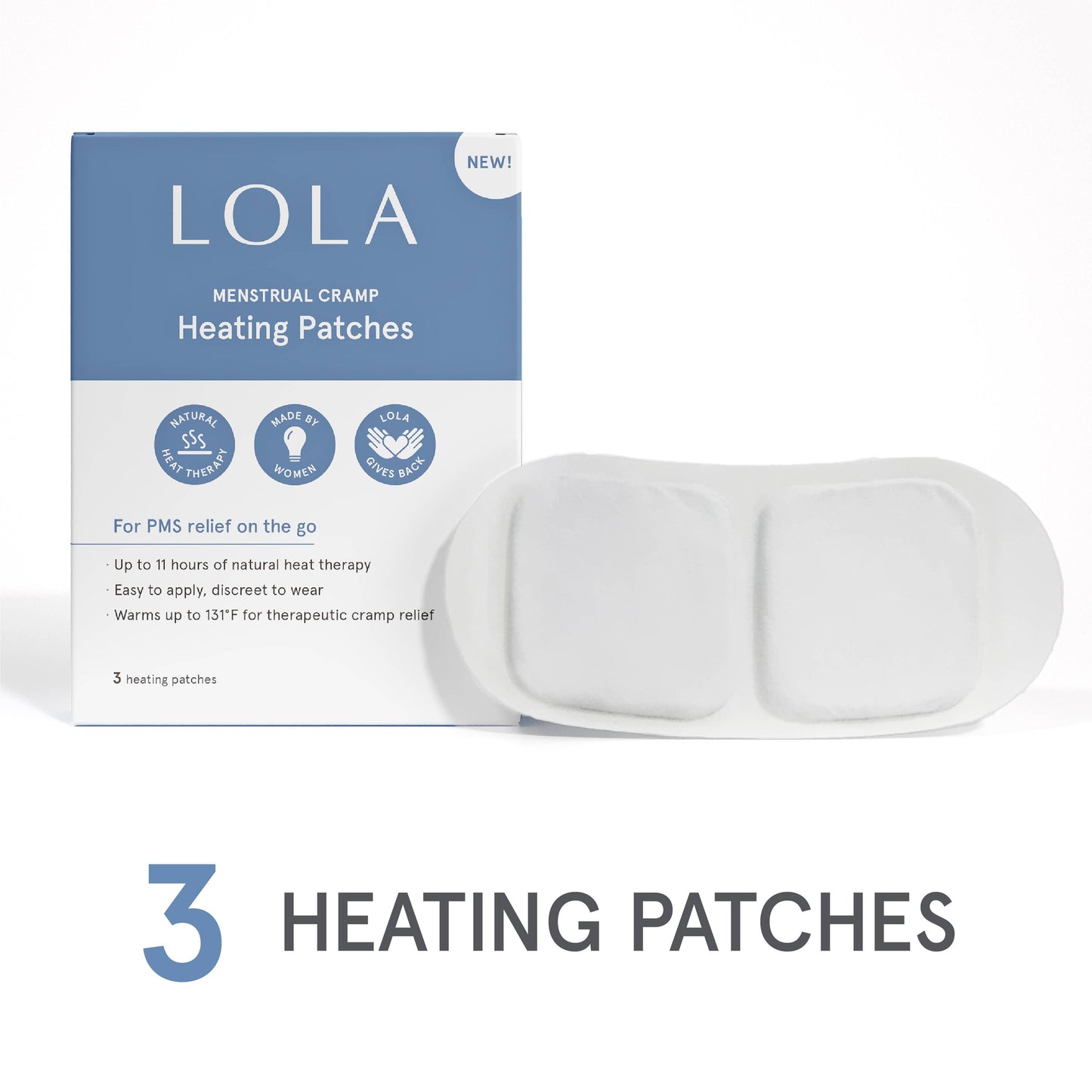 LOLA Menstrual Cramp Heating Patches packaging with two patches displayed on a white background