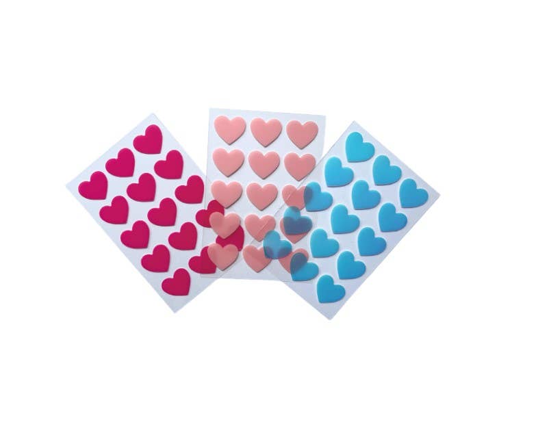 Three sheets of heart-shaped stickers in pink, red, and blue on a white background.