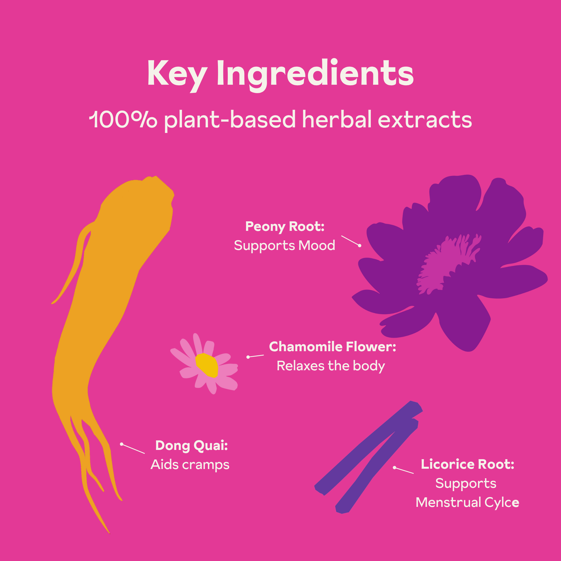 Key Ingredients 100% plant based herbal extracts including peony room, chamomile flower, dong quail and licorice root. All on a pink background.