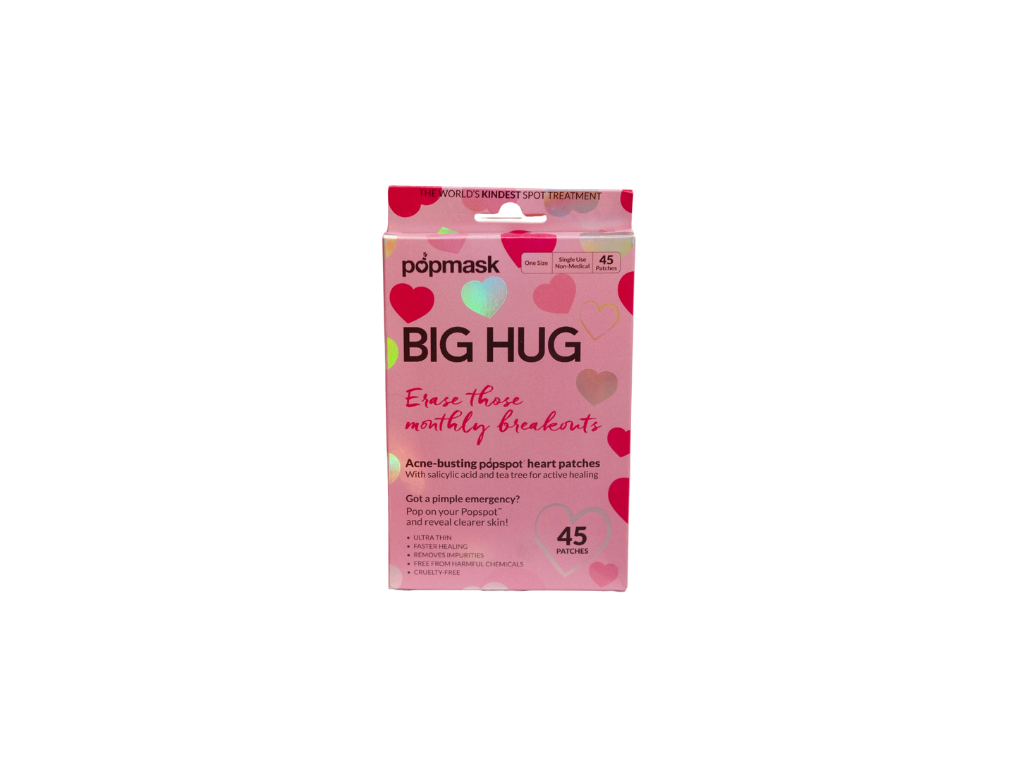 Pack of popmask Big Hug heart-shaped patches on a white background