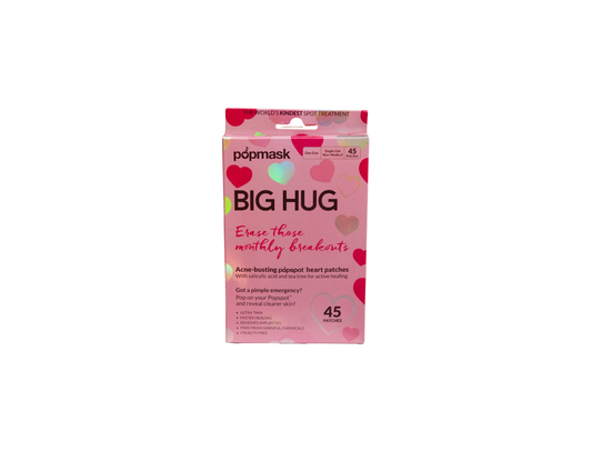 Pack of popmask Big Hug heart-shaped patches on a white background