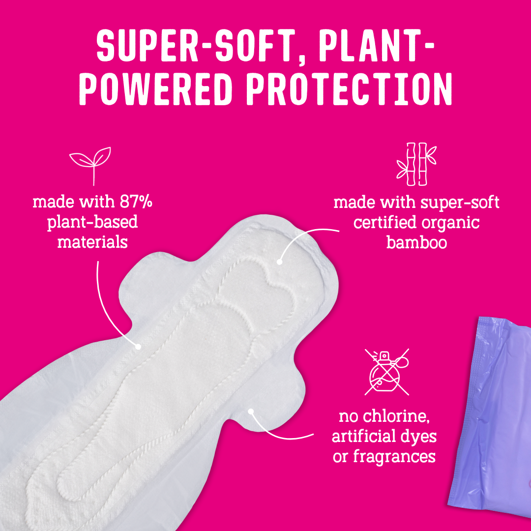 Flo pads made with 87% plant-based materials, soft bamboo.