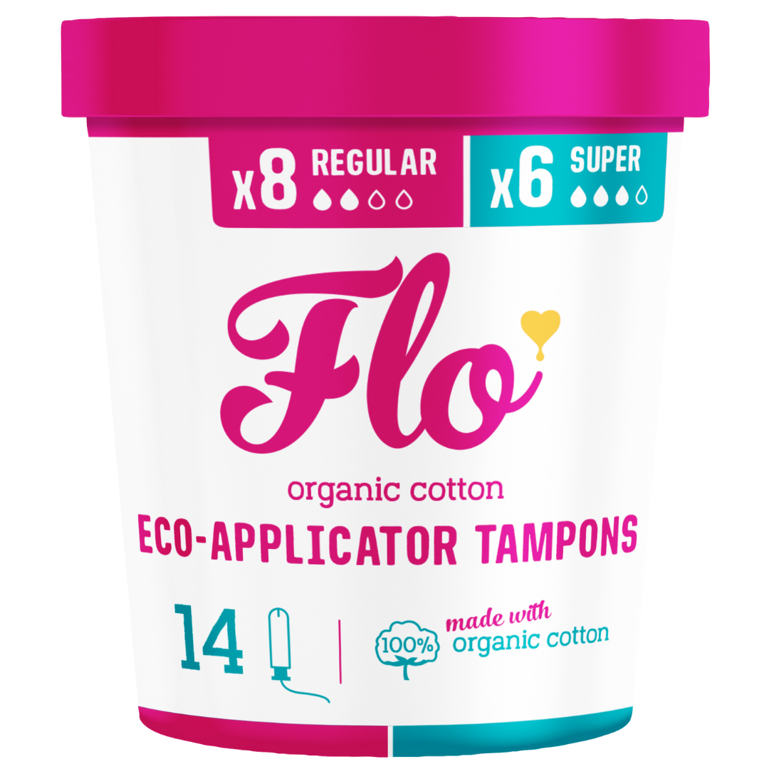 Container of Flo organic cotton eco-applicator tampons with pink and blue design.