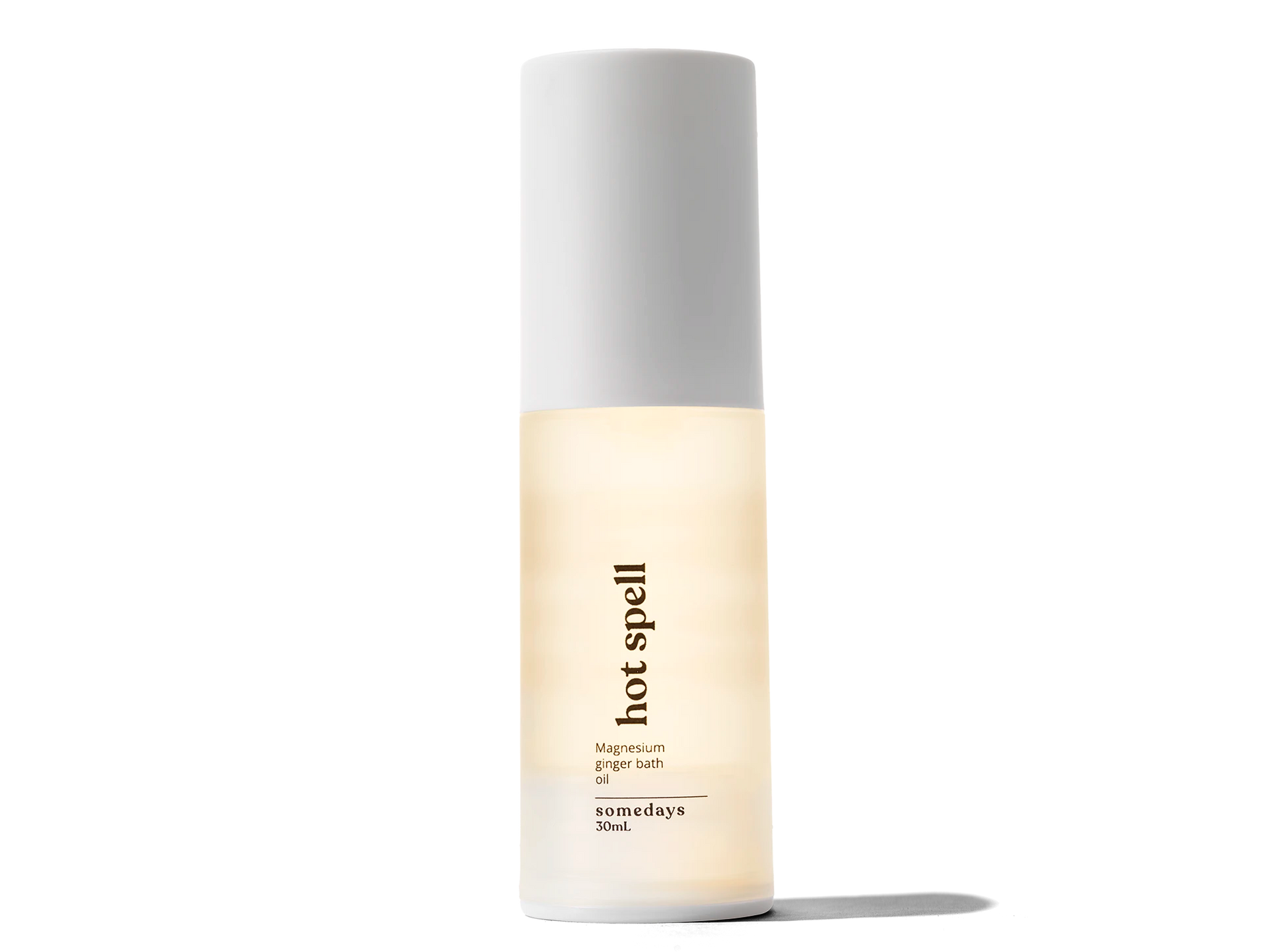 Skincare bottle labeled 'hot spell' with a white cap on a white background
