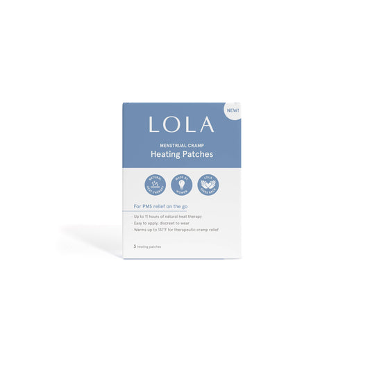 Box of LOLA Menstrual Cramp Heating Patches on a white background