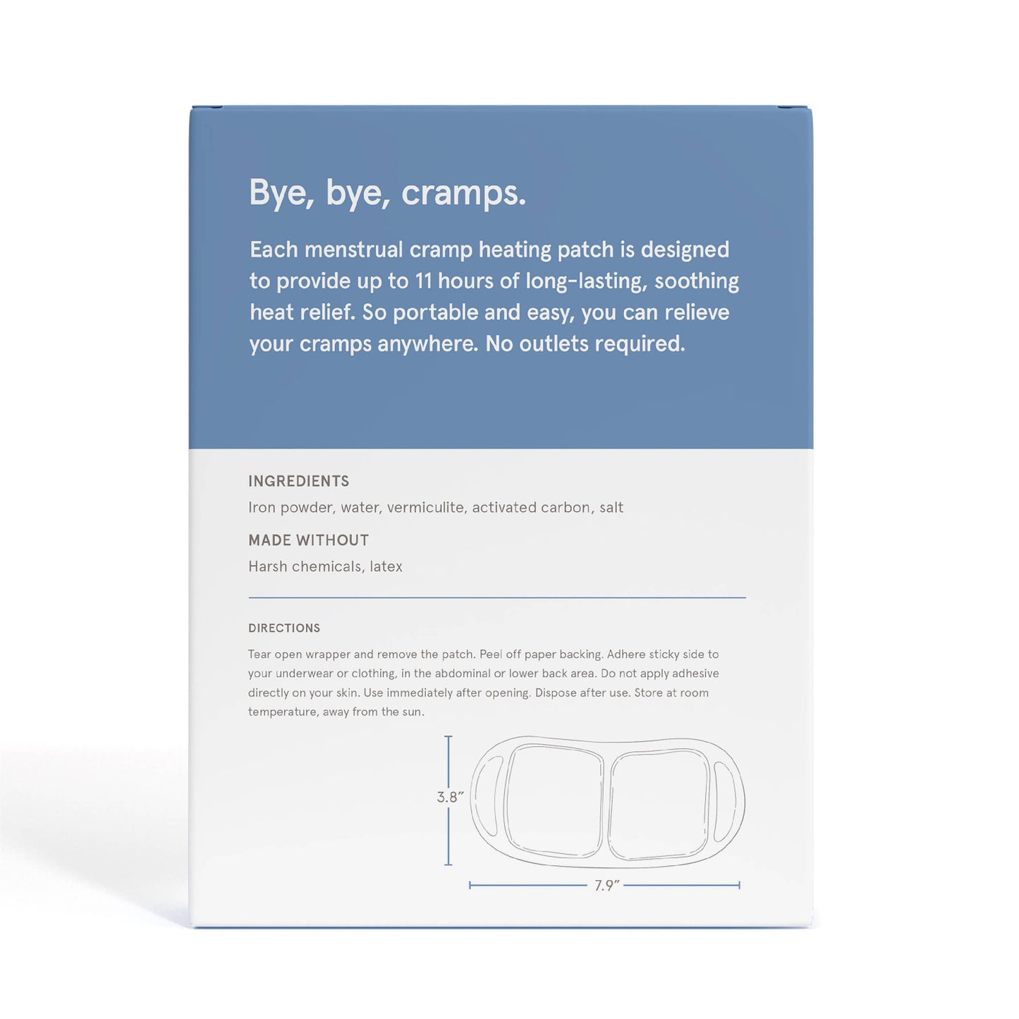 Menstrual cramp heating patch packaging with text and dimensions on a white background