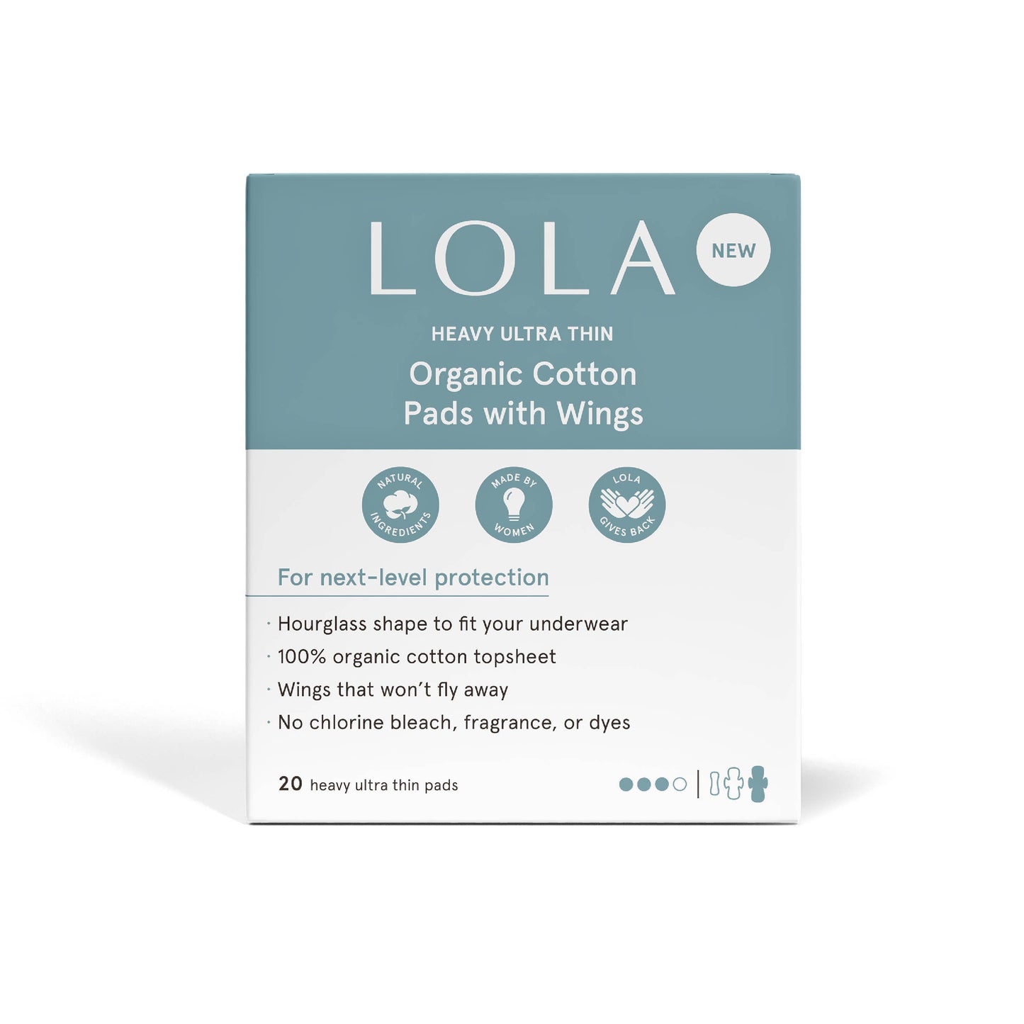 Box of LOLA organic cotton pads with wings on a white background