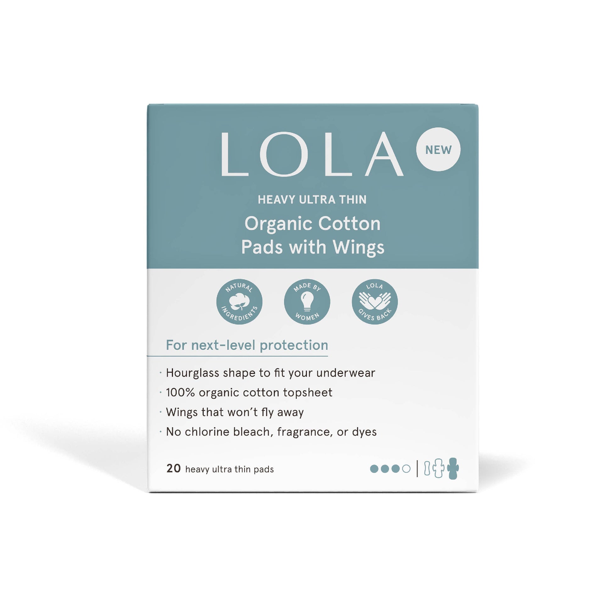 Box of LOLA organic cotton pads with wings on a white background