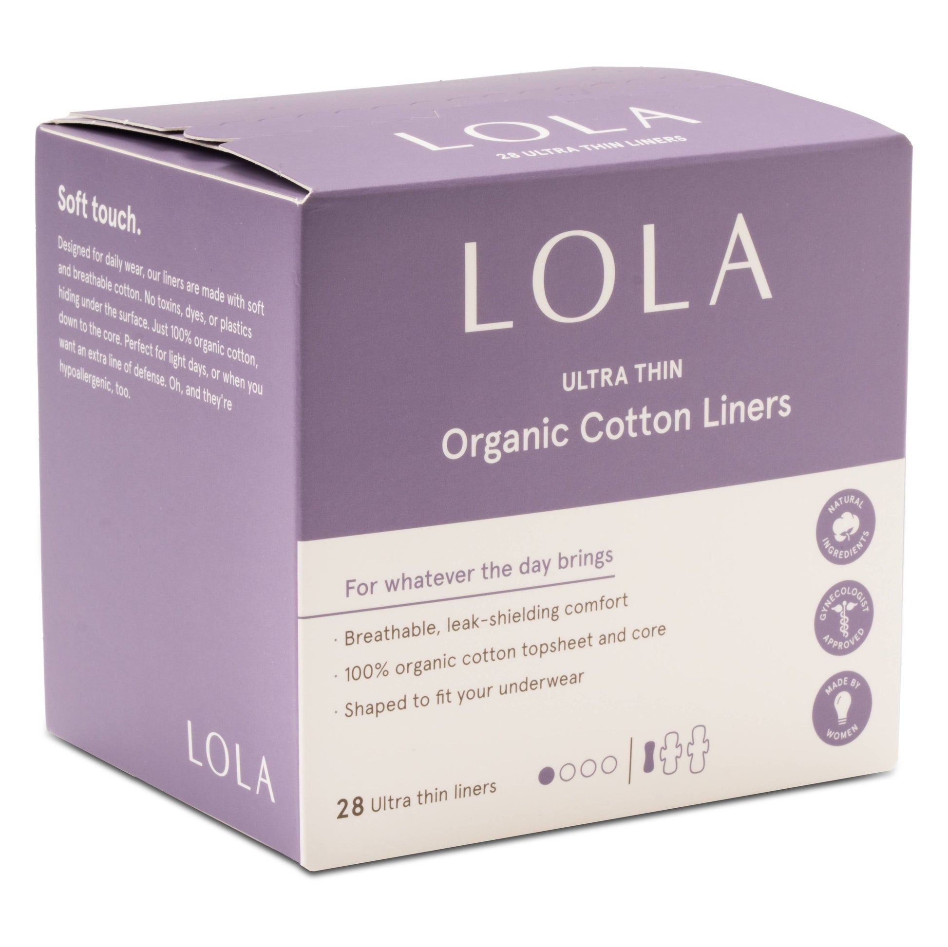 Box of LOLA ultra thin organic cotton liners on a white background