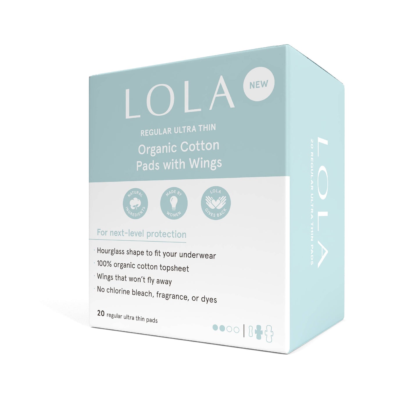 Box of LOLA organic cotton pads with wings on a white background