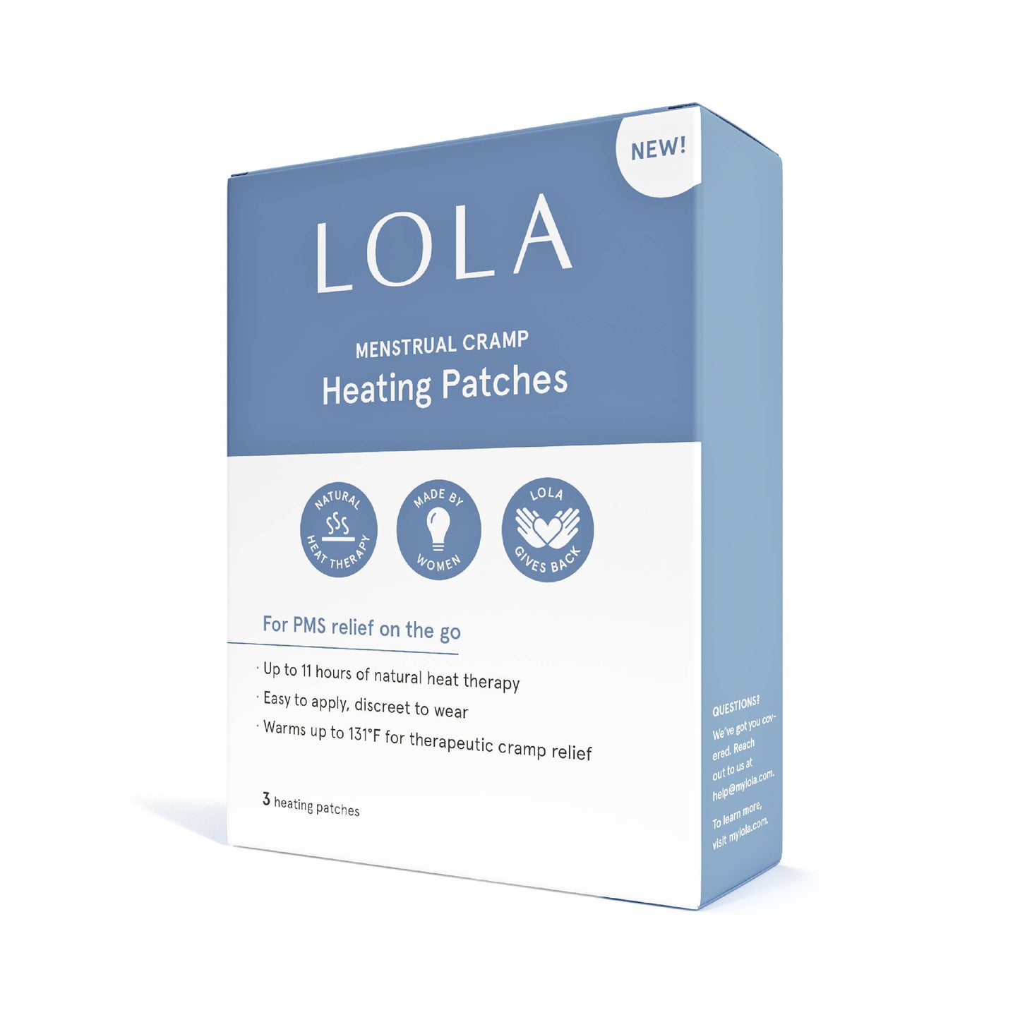 Box of LOLA Menstrual Cramp Heating Patches on a white background