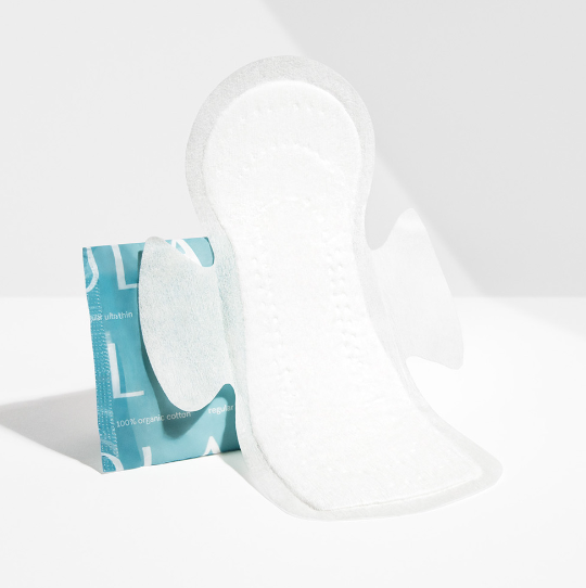 Cotton pads with a blue packaging box on a white background
