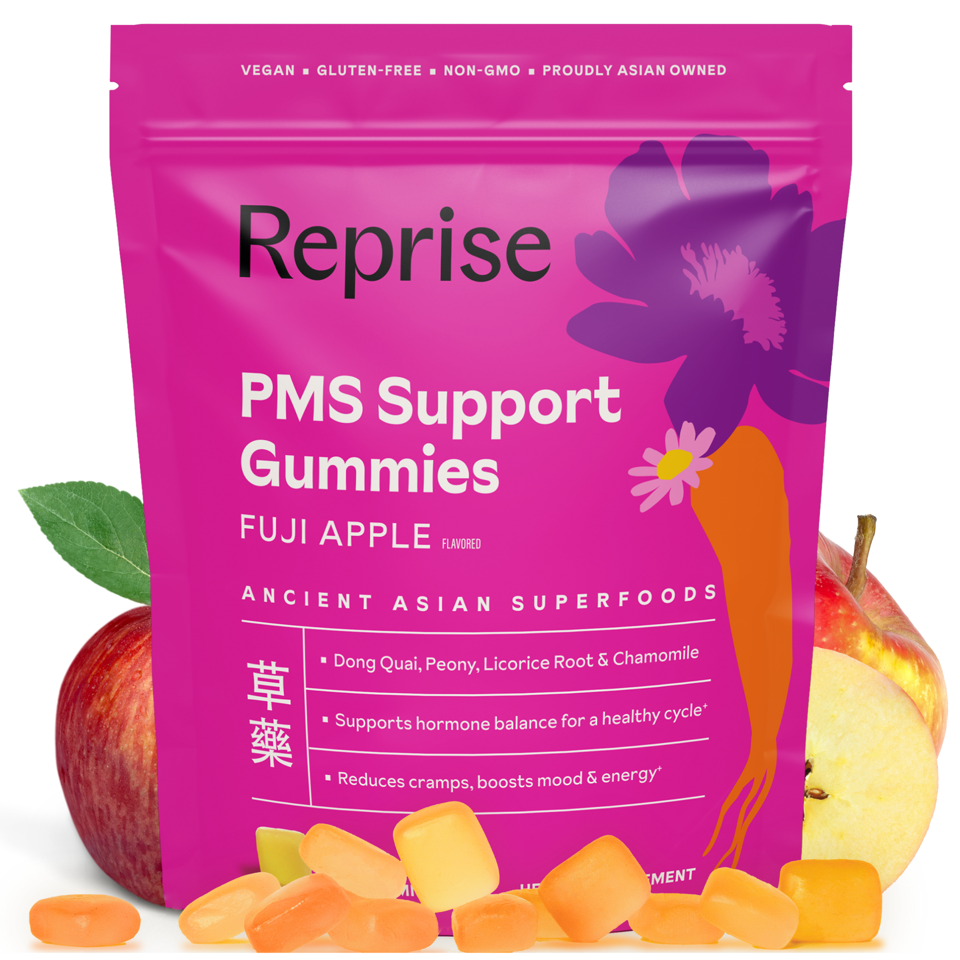 Pink package of Reprise PMS Support Gummies with apples and gummies on a white background