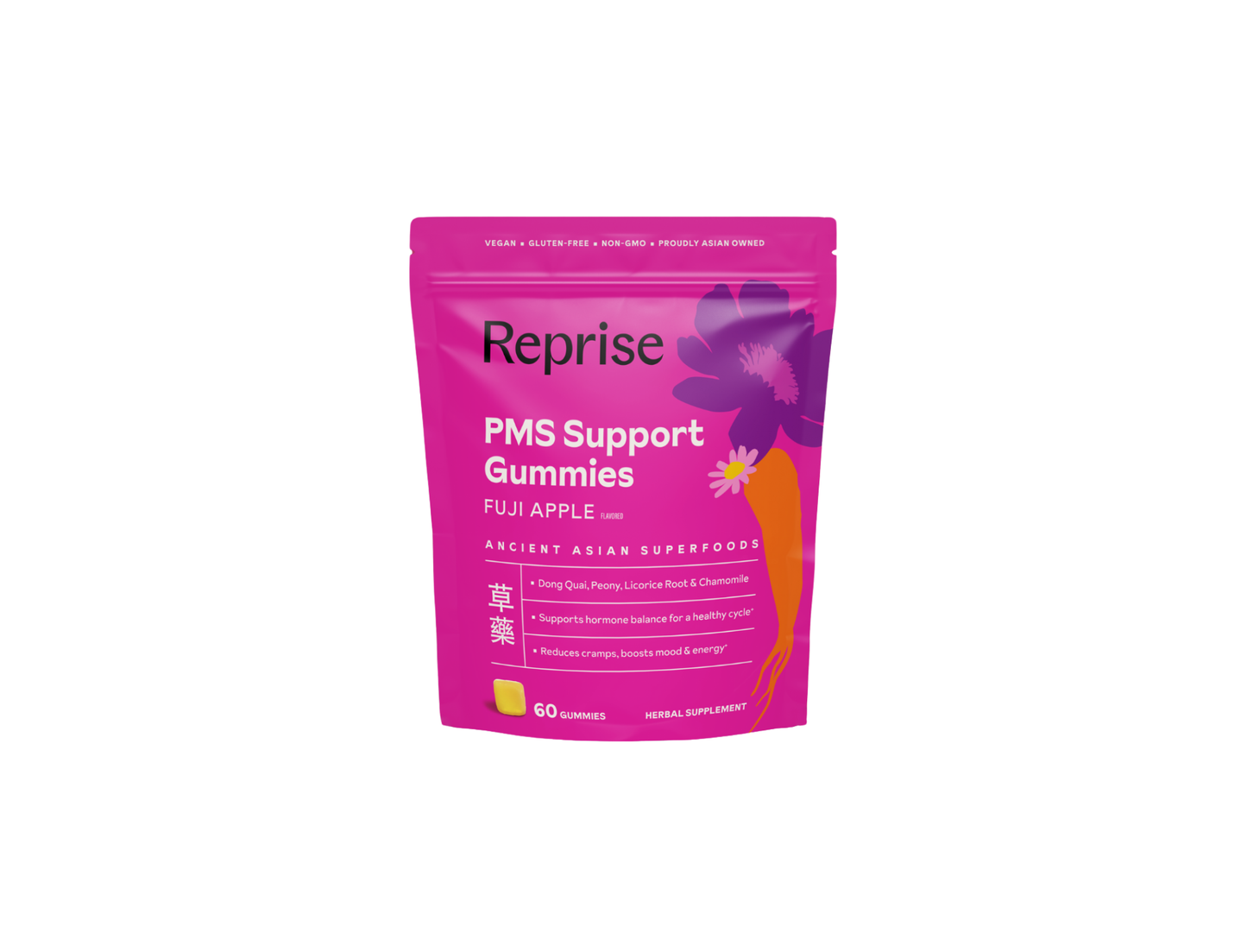 Pink packaging of Reprise PMS Support Gummies on a white background