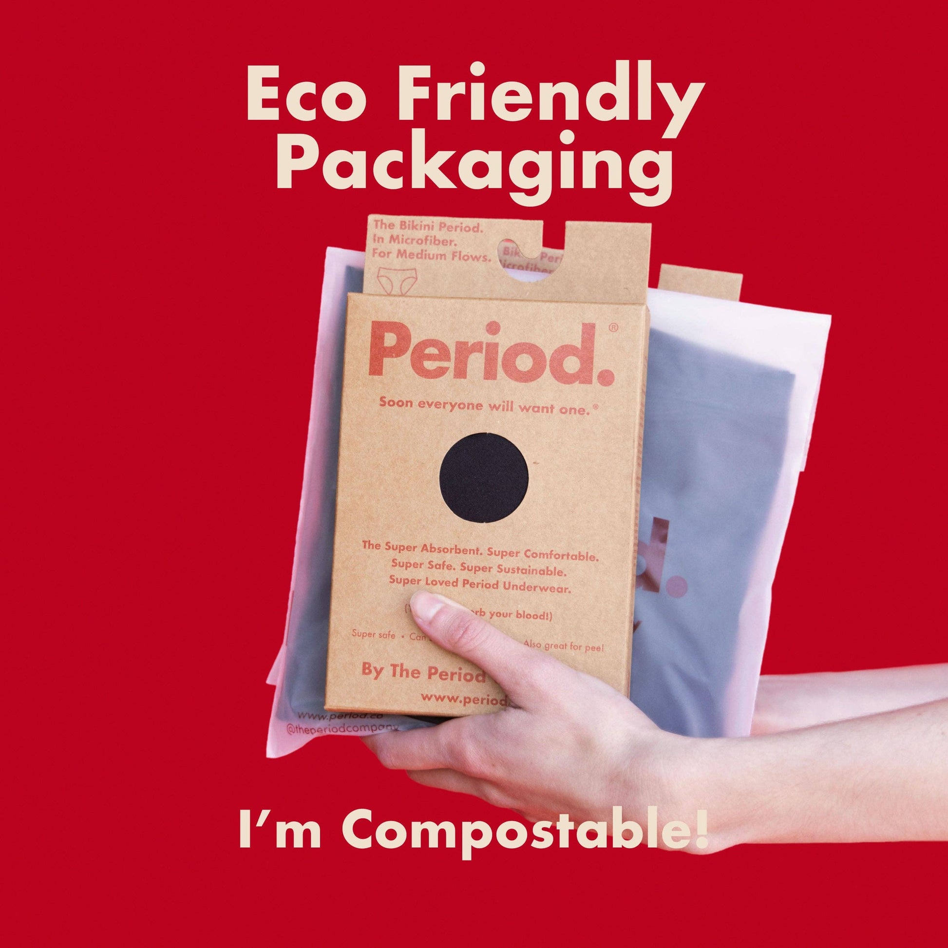 Eco-friendly packaging with compostable text on a red background