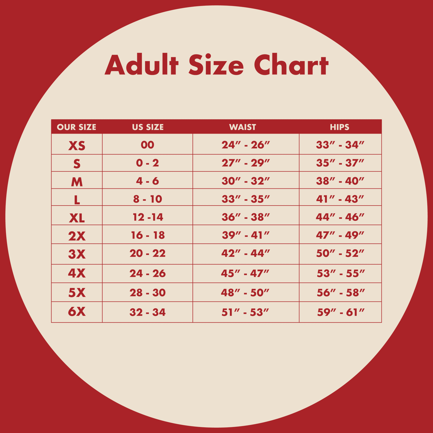 Period underwear size chart