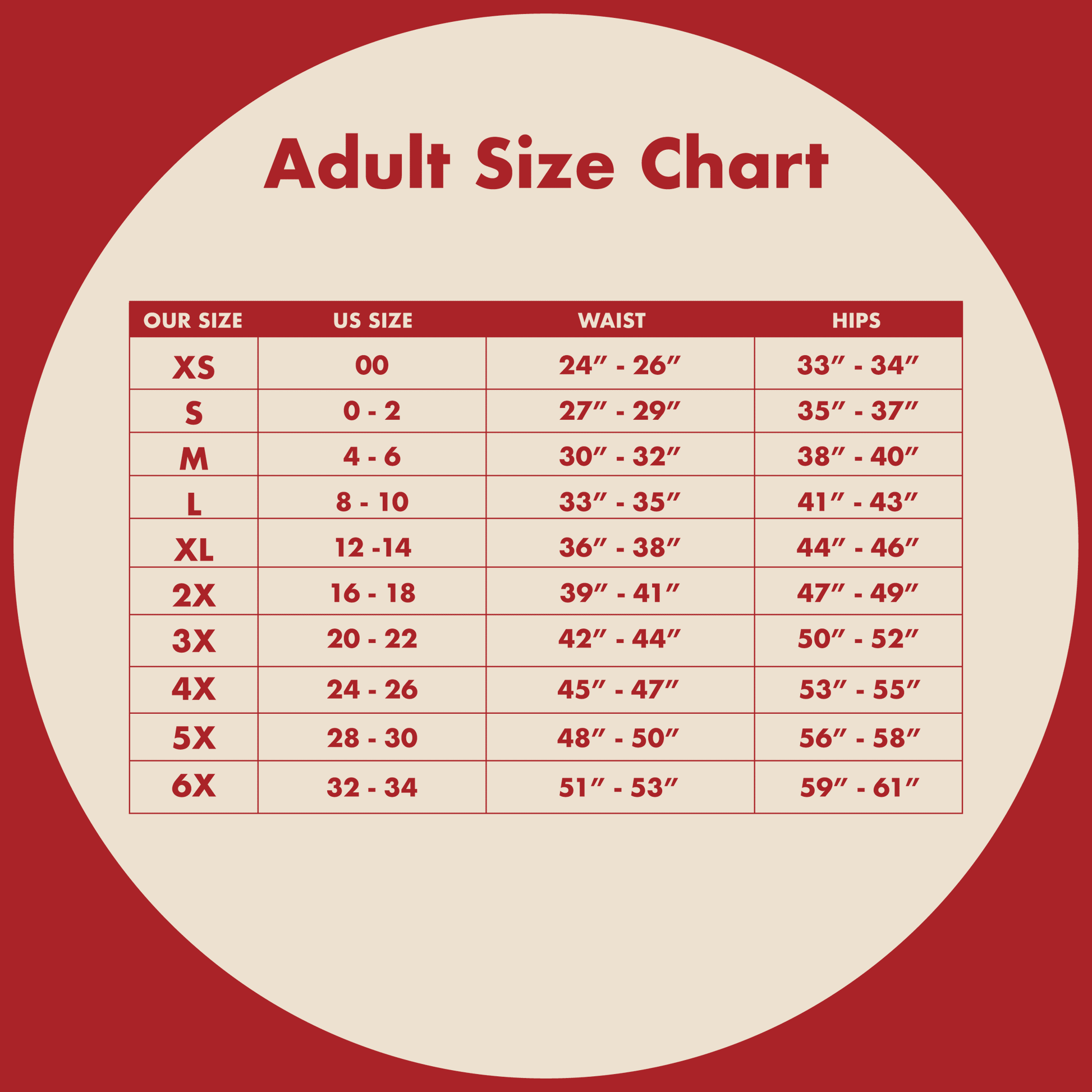 Period underwear size chart