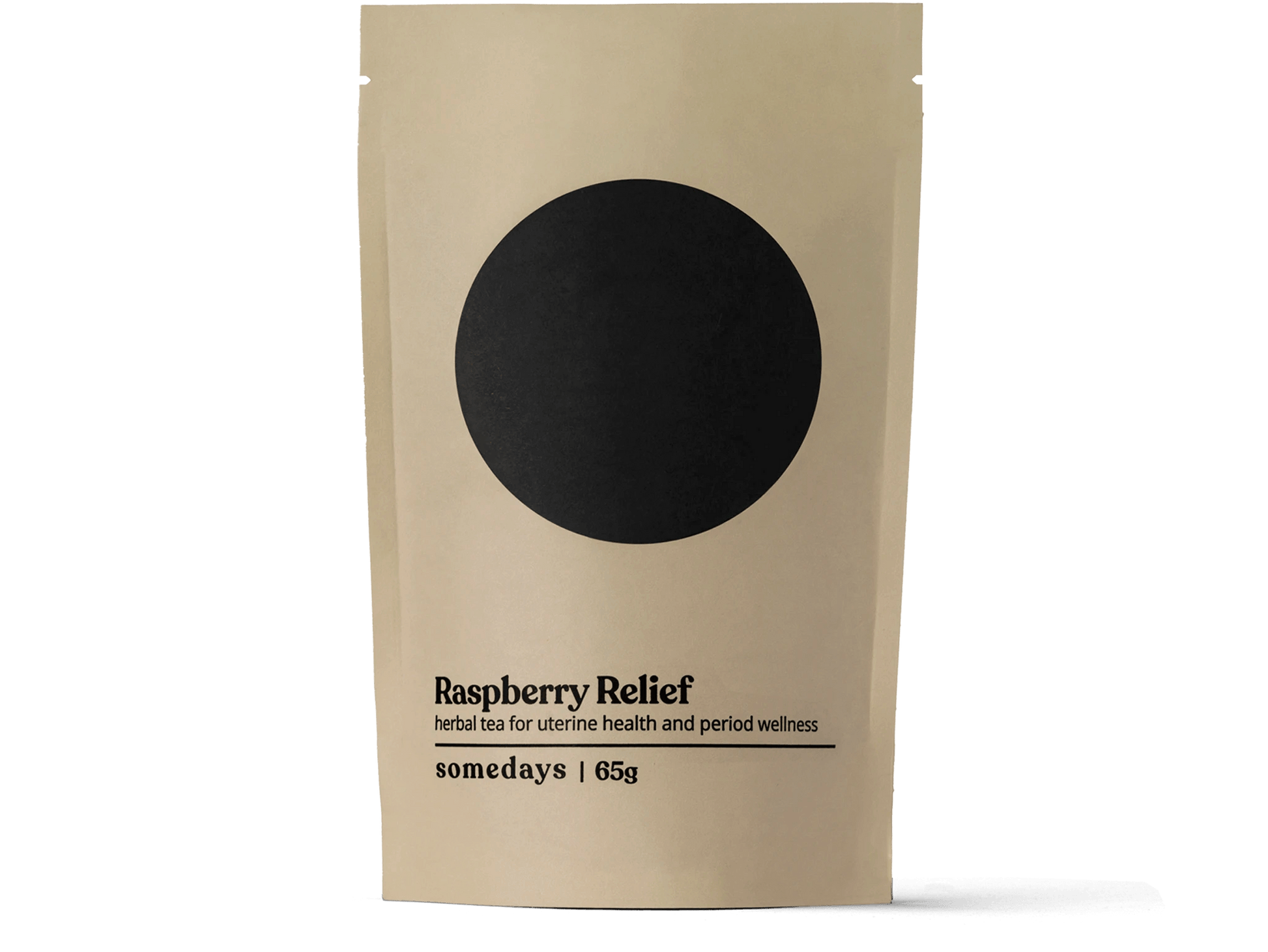 Beige package of Raspberry Relief herbal tea with a black circle on a white background