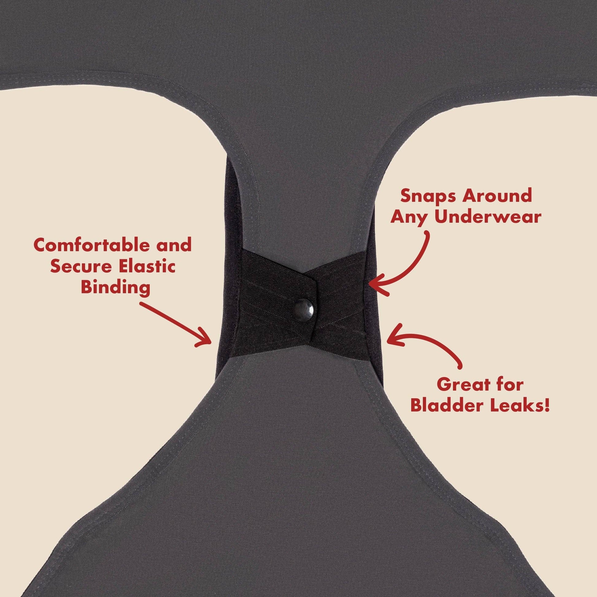 Gray pad product with text highlighting features on a beige background showing how to close, it simply snaps in place.