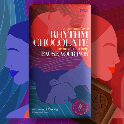 Rhythm Chocolate packaging with abstract faces in the background