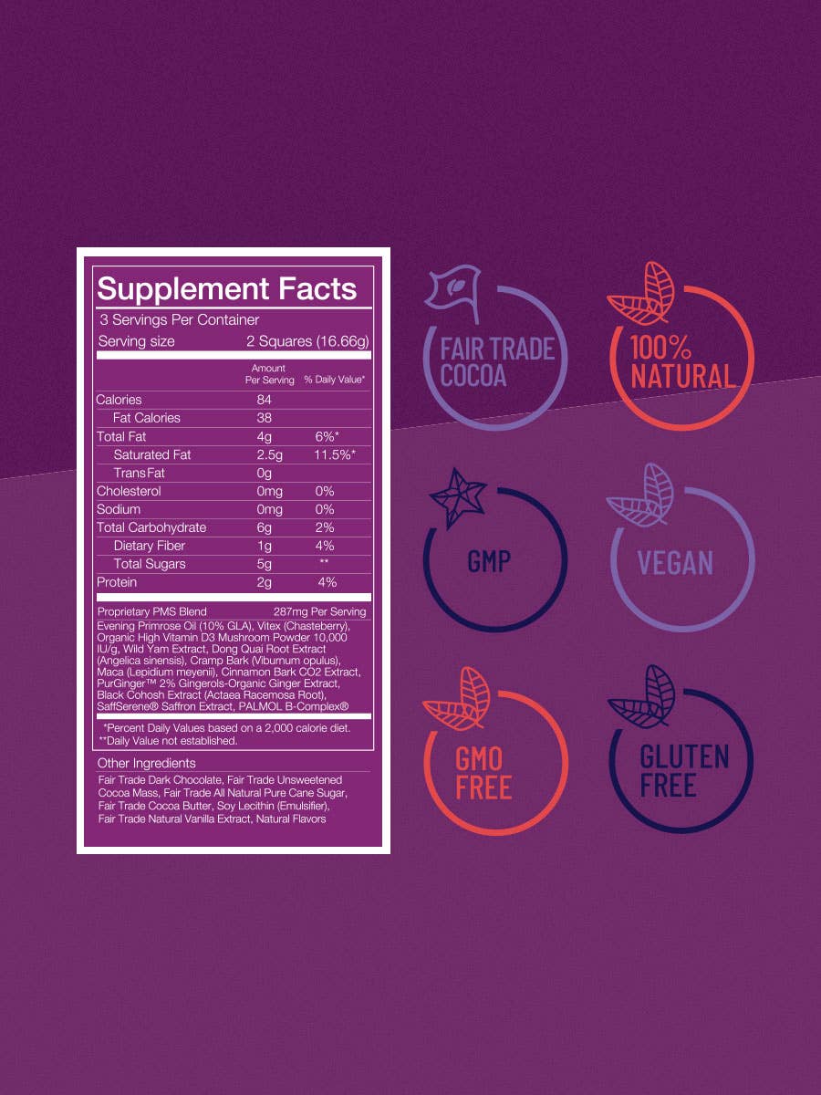 Supplement facts label with certification icons on a purple background
