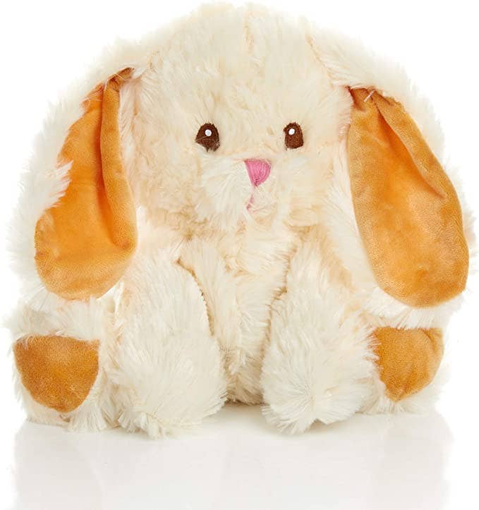 Plush toy rabbit with orange ears and paws on a white background